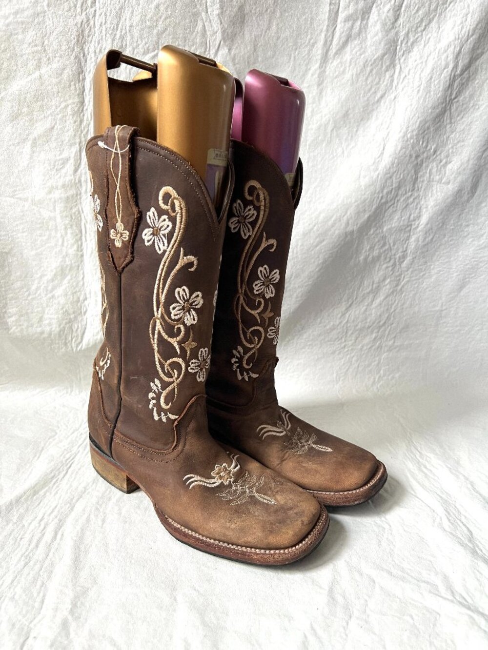 Western boots brown leather MX 25 US womens 8.5 floral embroidery square toe